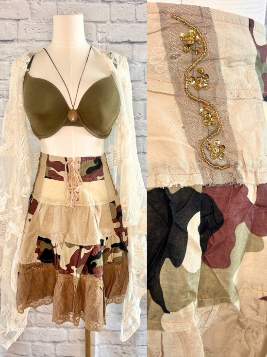 Aziz Dresses & Skirts - Y2K Patchwork Skirt Lace Sequins Camo Eyelets Tie Up Corset Waist Grunge Boho